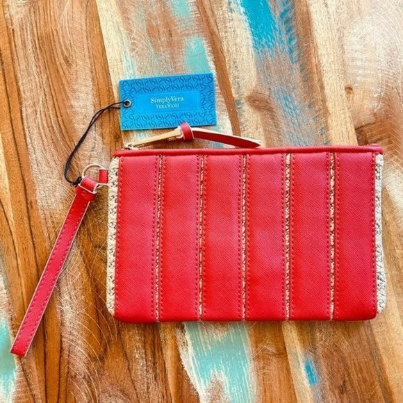 SIMPLY VERA VERA WANG Woven Straw & Faux Red Leather Medium Clutch - Picture 2 of 8